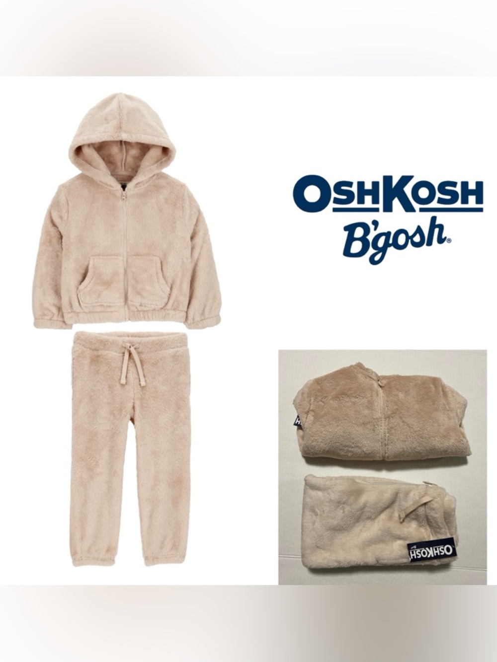 🆕OSHKOSH - 4T - NWT - 2PC SET - GIRLS TAN SHERPA FLEECE ZIP UP HOODIE AND PANTS